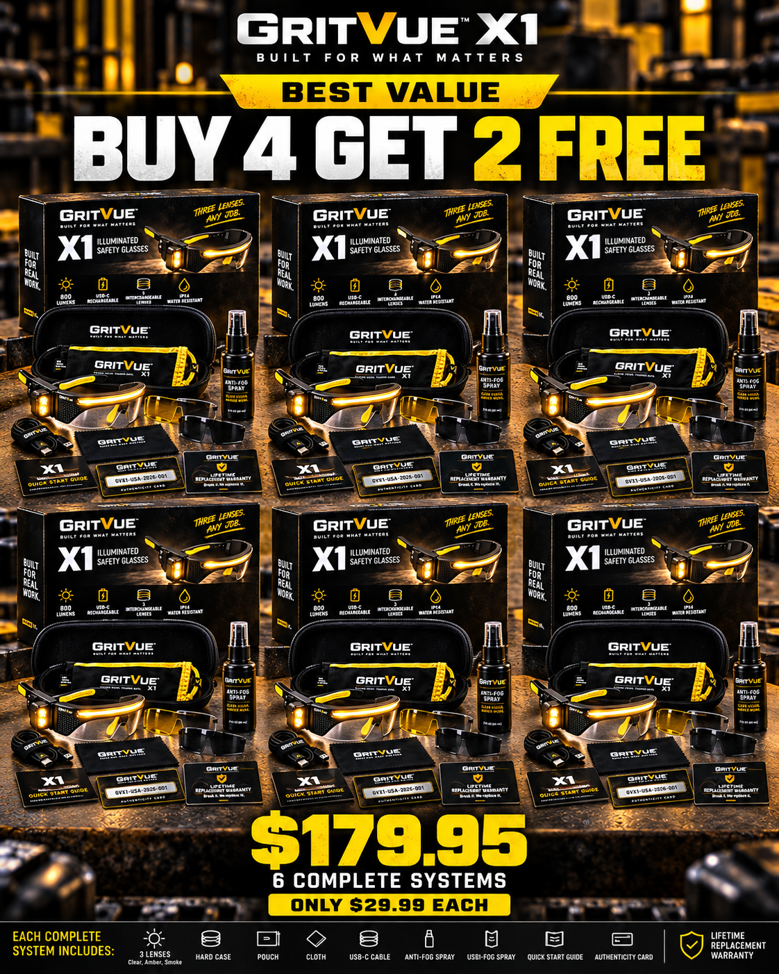 12 GritVue X1™ Illuminated Work Glasses + Lifetime Replacement Warranty. Break it. We replace it.