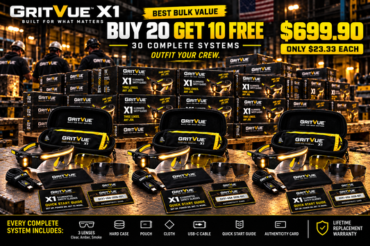 30 GritVue X1™ Illuminated Work Glasses + Lifetime Replacement Warranty. Break it. We replace it. Buy 20 Get 10 Free