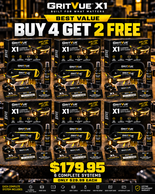 10 GritVue X1™ Illuminated Work Glasses + Lifetime Replacement Warranty. Break it. We replace it.