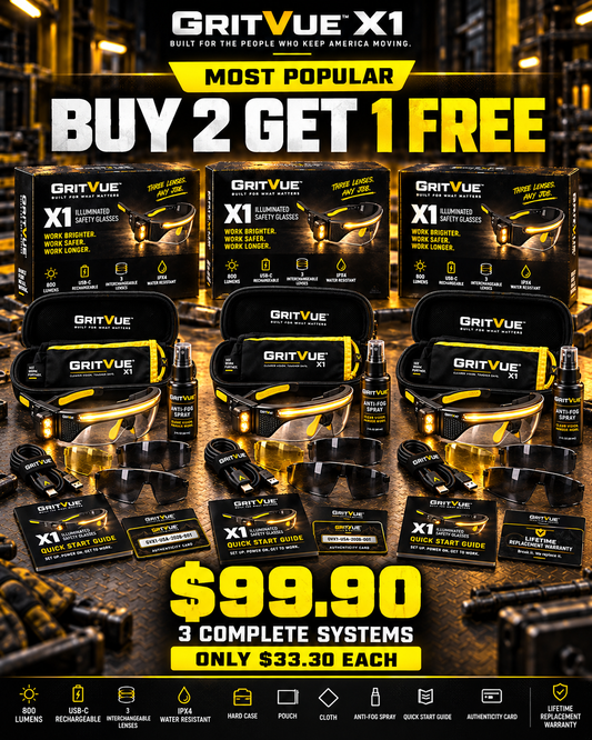 3 GritVue X1™ Illuminated Work Glasses + Lifetime Replacement Warranty. Break it. We replace it. Buy 2 Get 1 Free
