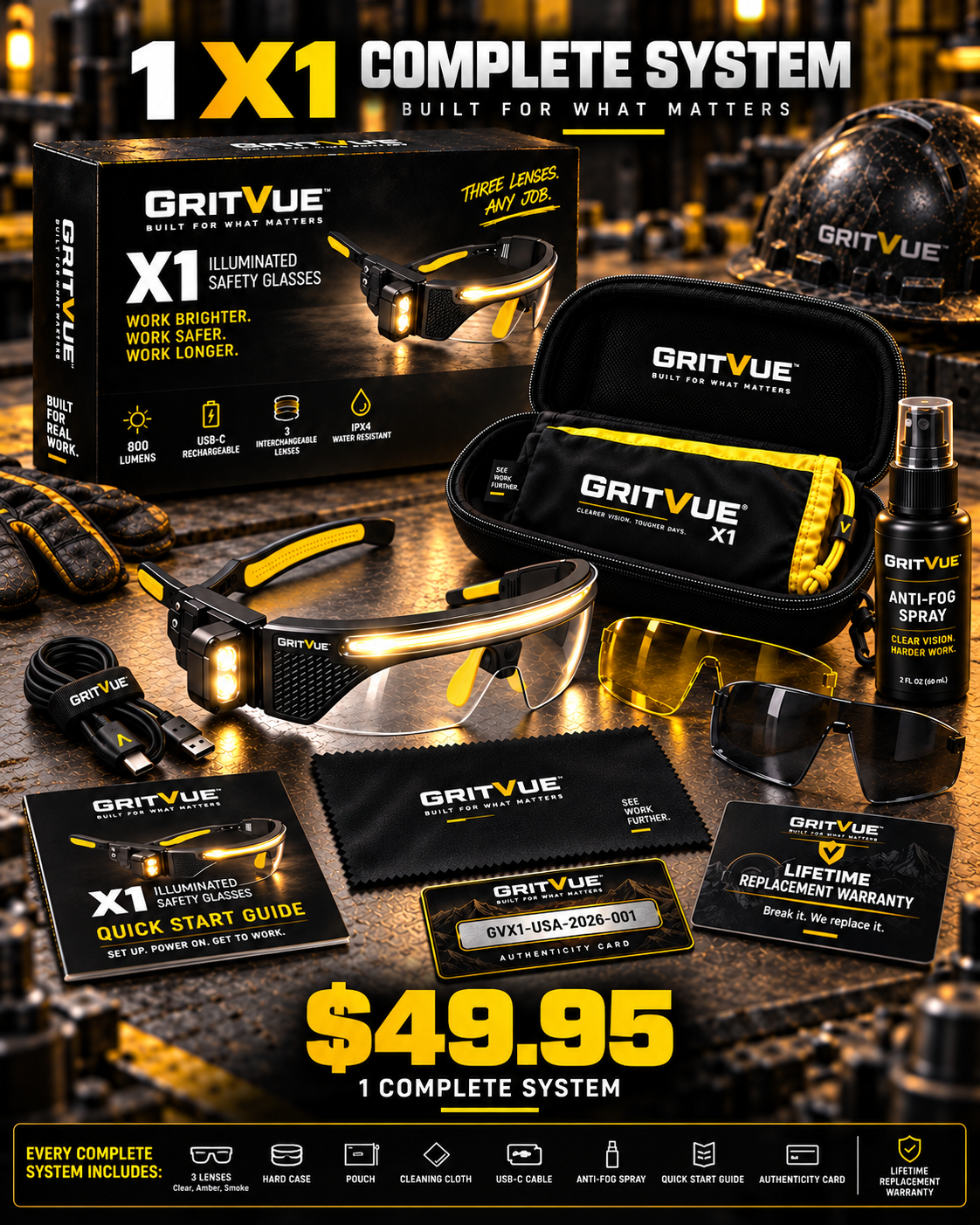 1 GritVue X1™ Illuminated Work Glasses + Lifetime Replacement Warranty — Break it. We replace it.